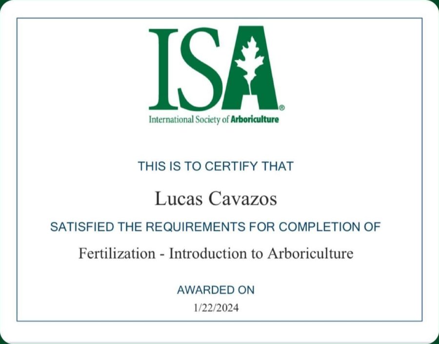ISA certificate: Fertilization, awarded to Lucas Cavazos