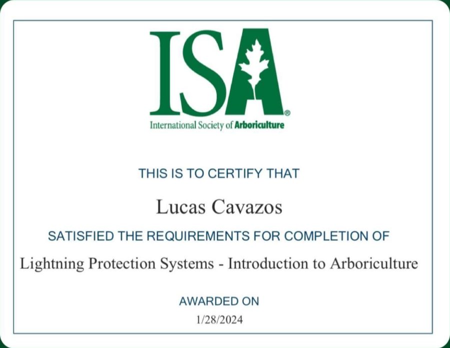 ISA certificate: Lightning Protection Systems, awarded to Lucas Cavazos
