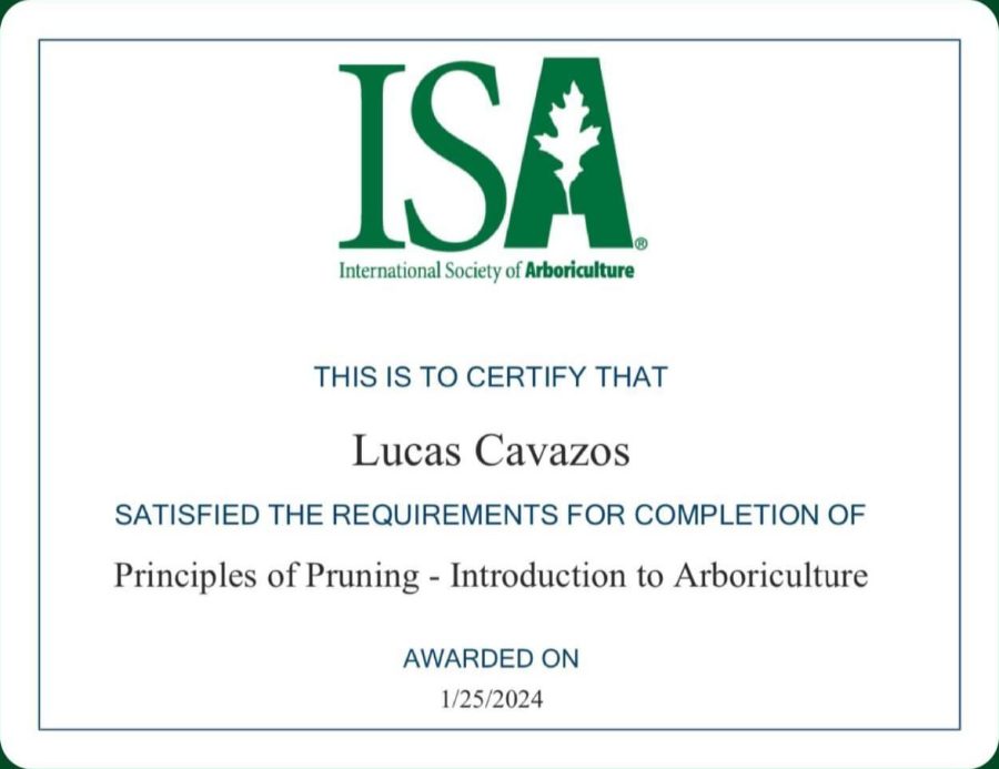 ISA certificate: Principles of Pruning, awarded to Lucas Cavazos