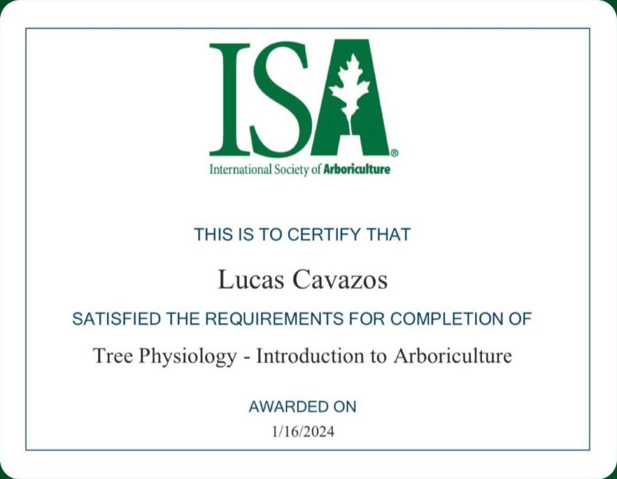 ISA certificate: Tree Physiology, awarded to Lucas Cavazos