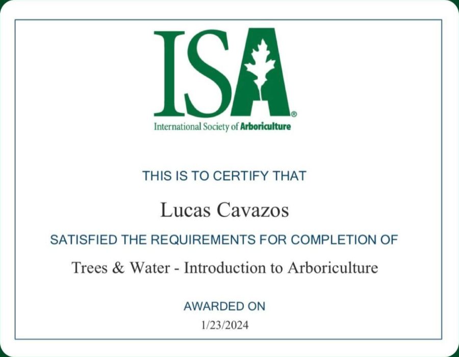 ISA certificate: Trees and Water, awarded to Lucas Cavazos