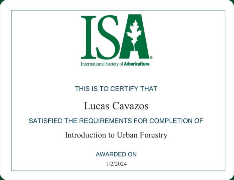 ISA certificate: Urban Forestry, awarded to Lucas Cavazos